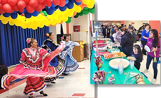Hispanic dancers performing at school event andParents and students eating at a school event